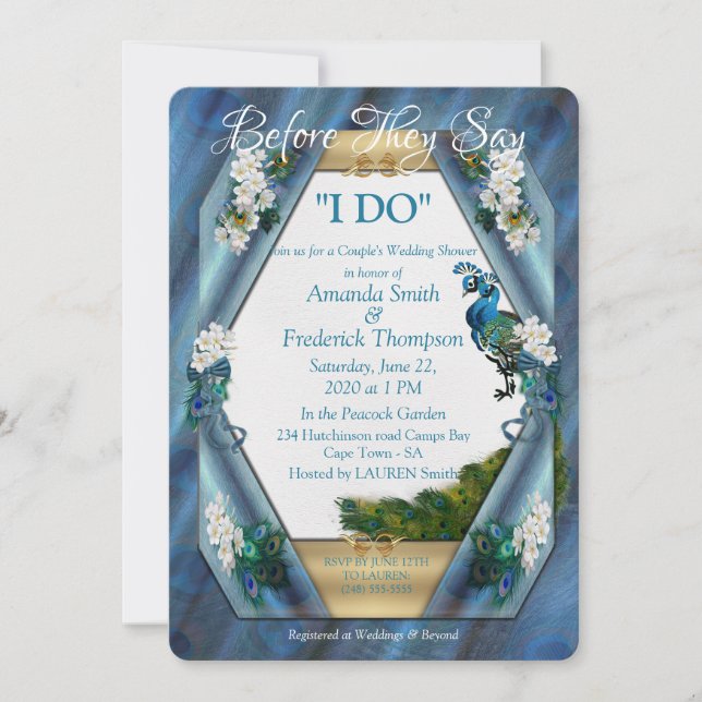 Peacocks & Emerald Green Metallic Silk W-Shower Invitation (Front)