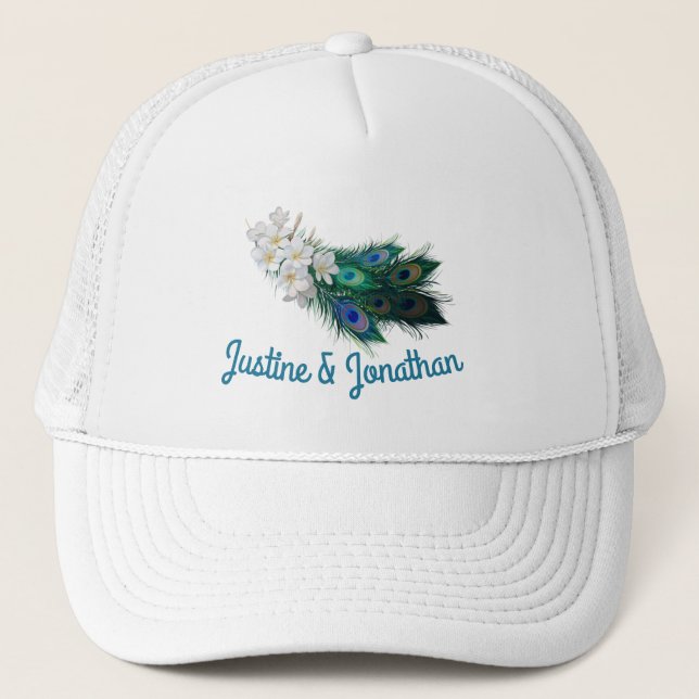 Peacocks Feathers & Emerald Green Metallic Silk Trucker Hat (Front)