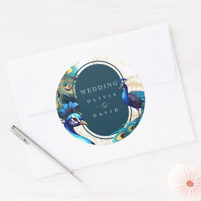 Peacocks Feathers Wedding Classic Round Sticker (Envelope)
