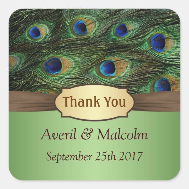 Peacock's feathers Wedding Thank you Square Sticker (Front)