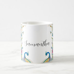 Peacocks frame with watercolor flowers coffee mug