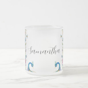 Peacocks frame with watercolor flowers frosted glass coffee mug