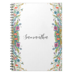 Peacocks frame with watercolor flowers notebook