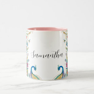 Peacocks frame with watercolor flowers Two-Tone coffee mug
