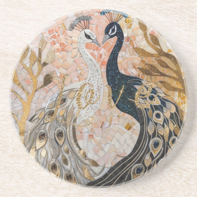 Peacocks Gold Glitter Love Blush Rose  Coaster (Front)