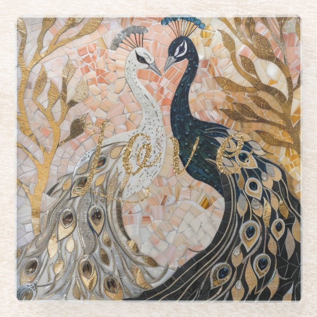Peacocks Gold Glitter Love Blush Rose  Glass Coaster (Front)
