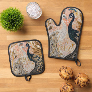 Peacocks Gold Glitter Love Blush Rose  Oven Mitt & Pot Holder Set
