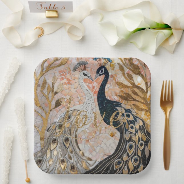 Peacocks Gold Glitter Love Blush Rose  Paper Plate (Wedding)