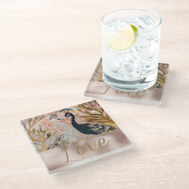 Peacocks Gold Glitter Love Blush Rose Wedding Glass Coaster (Angled)