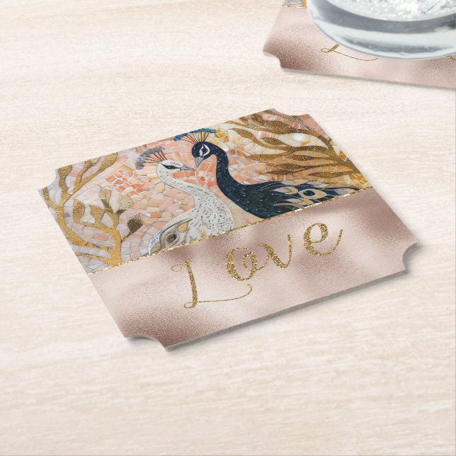Peacocks Gold Glitter Love Blush Rose Wedding Paper Coaster (Angled)