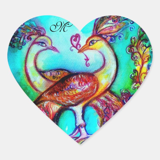 PEACOCKS IN LOVE HEART MONOGRAM Valentine's Day Sticker (Front)