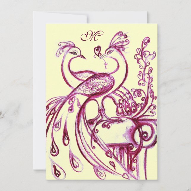 PEACOCKS IN LOVE MONOGRAM 2 red pink gold Announcement (Front)