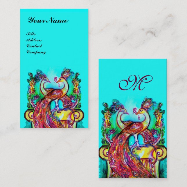 PEACOCKS IN LOVE MONOGRAM,Red Aqua Blue Turquoise Business Card (Front/Back)