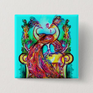 PEACOCKS IN LOVE  MONOGRAM red blue turquase green 15 Cm Square Badge