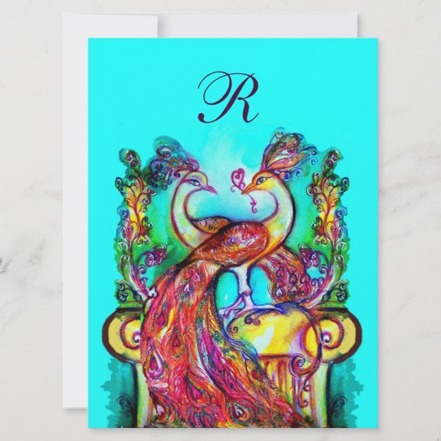 PEACOCKS IN LOVE MONOGRAM red blue turquase green Invitation (Front)