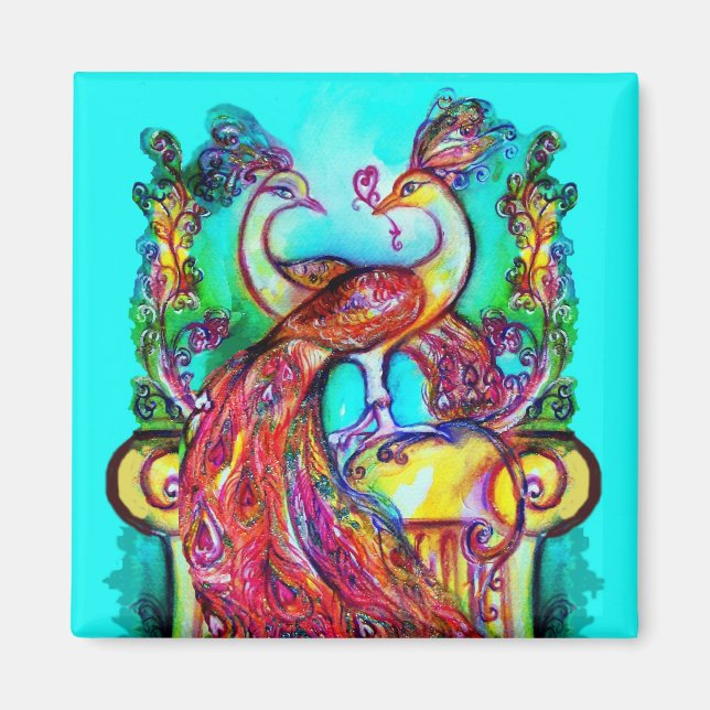 PEACOCKS IN LOVE  MONOGRAM red blue turquase green Magnet (Front)