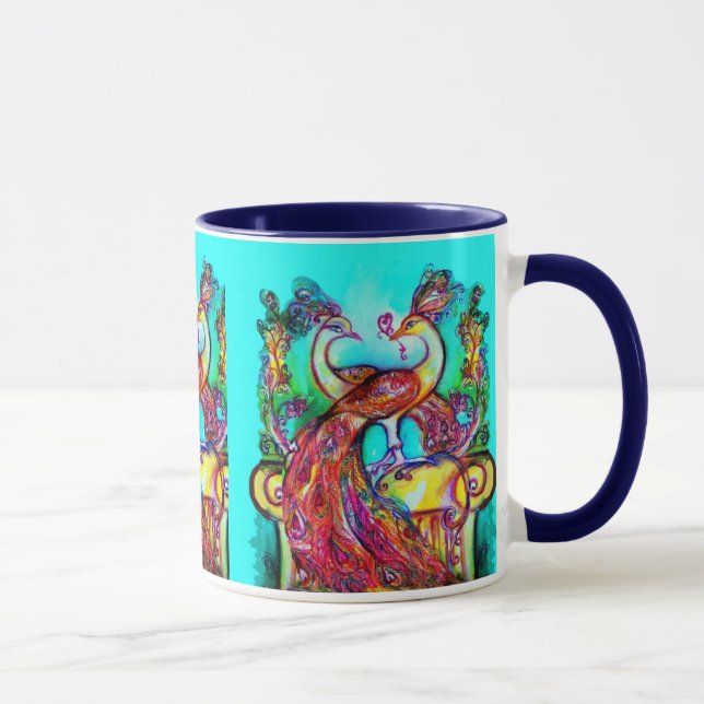 PEACOCKS IN LOVE  MONOGRAM red blue turquase green Mug (Right)