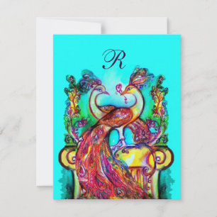 PEACOCKS IN LOVE MONOGRAM red blue turquoise green Invitation
