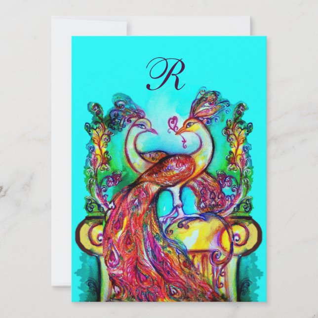 PEACOCKS IN LOVE MONOGRAM red teal blue green gold Invitation (Front)