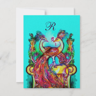 PEACOCKS IN LOVE MONOGRAM Red Teal Blue Green Invitation