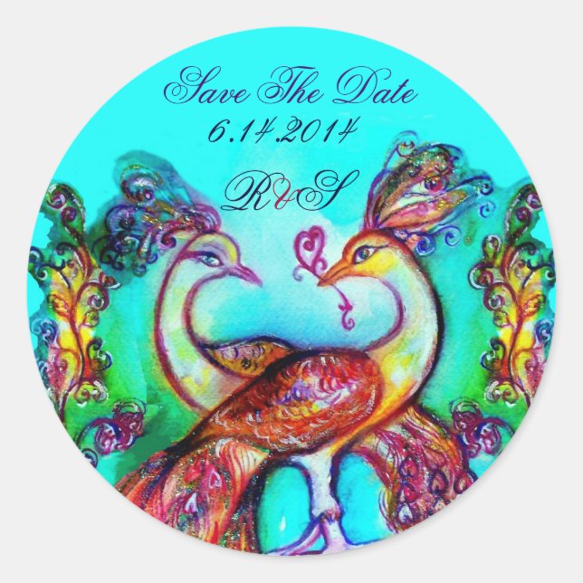 PEACOCKS IN LOVE MONOGRAM Save the Date Classic Round Sticker (Front)