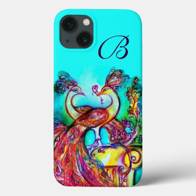 PEACOCKS IN LOVE MONOGRAM Turquoise Blue Case-Mate iPhone Case (Back)