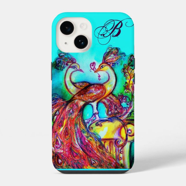 PEACOCKS IN LOVE MONOGRAM Turquoise Blue iPhone Case (Back)