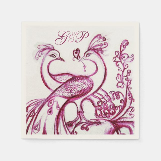 PEACOCKS IN LOVE Purple White Wedding Monogram Napkin (Front)