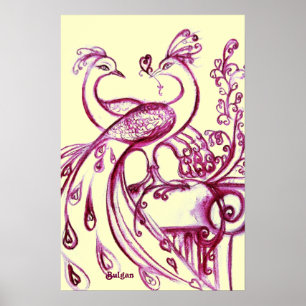PEACOCKS IN LOVE, Red and Cream Poster