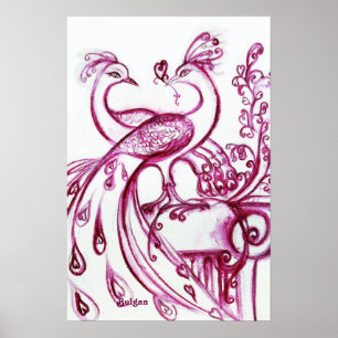 PEACOCKS IN LOVE, Red and White Poster