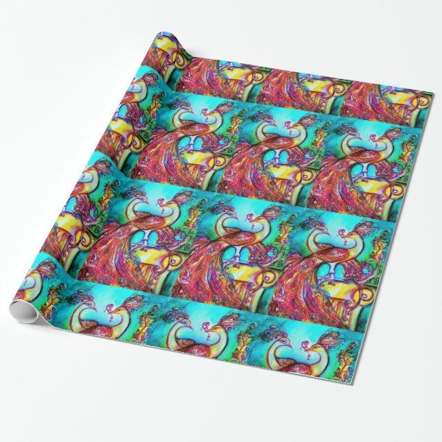 PEACOCKS IN LOVE ,red aqua blue green Wrapping Paper (Unrolled)