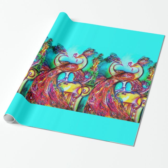 PEACOCKS IN LOVE ,red aqua blue green Wrapping Paper (Unrolled)