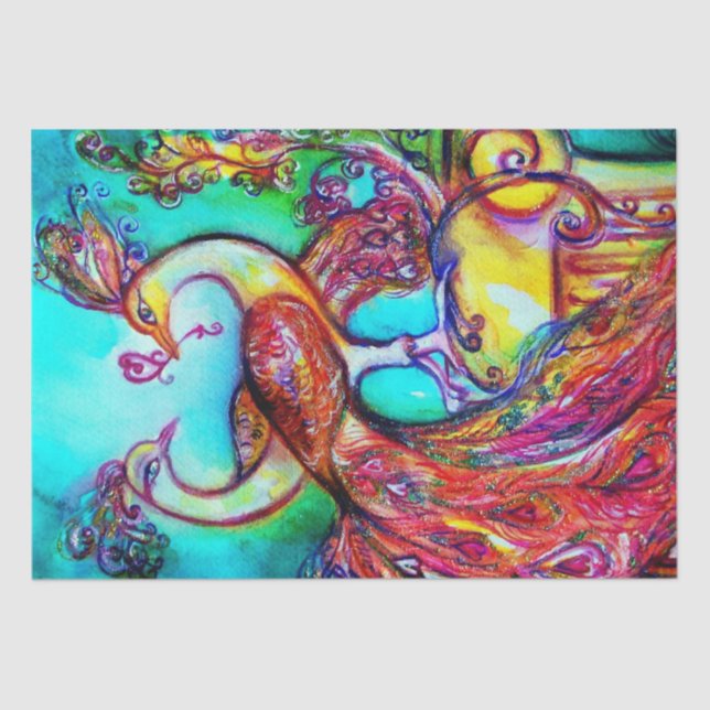 PEACOCKS IN LOVE,RED AQUA BLUE TURQUOISE Valentine Tissue Paper (Front)