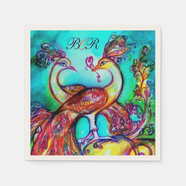 PEACOCKS IN LOVE Red Aqua Blue Wedding Monogram Napkin (Front)