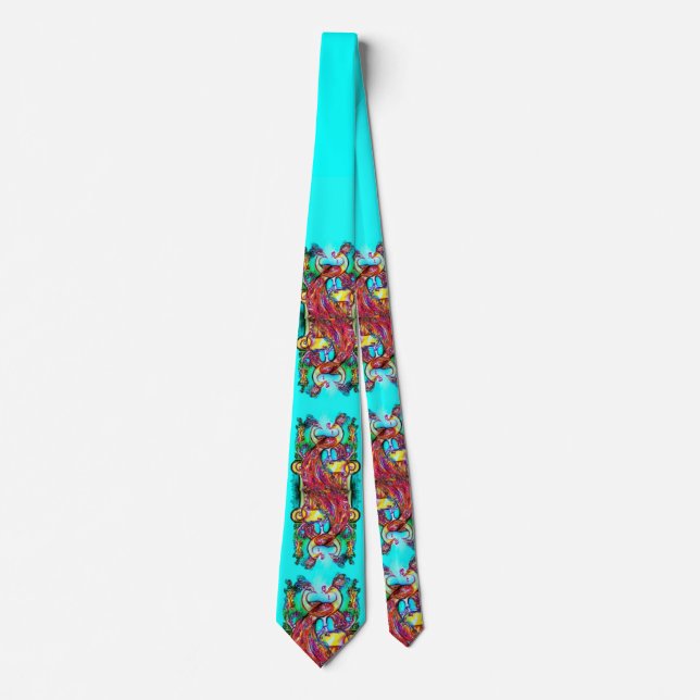 PEACOCKS IN LOVE Red Blue Teal Green Floral Tie (Front)