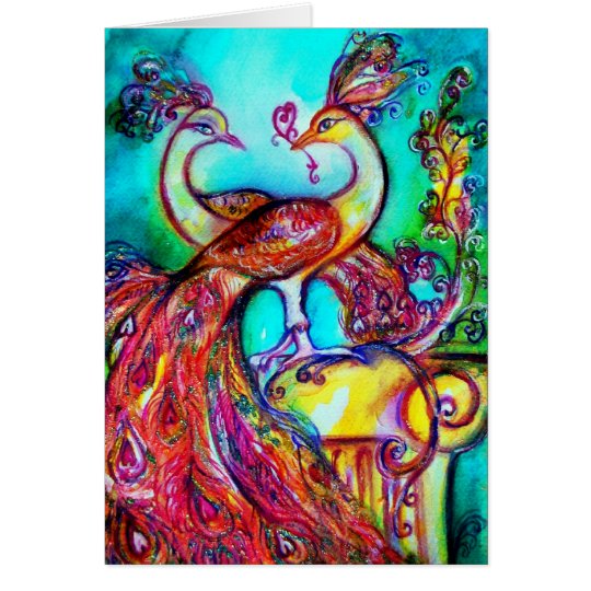 PEACOCKS IN LOVE red blue turquase green Card
