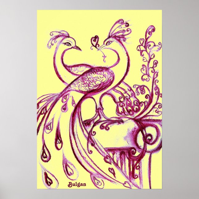 PEACOCKS IN LOVE, Red Purple and Yellow Poster (Front)