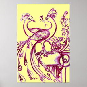 PEACOCKS IN LOVE, Red Purple and Yellow Poster