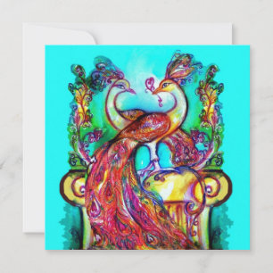 PEACOCKS IN LOVE Red Teal Green Aqua Blue Wedding Announcement