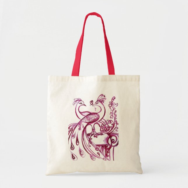 PEACOCKS IN LOVE  red white Tote Bag (Front)
