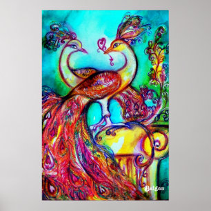 PEACOCKS IN LOVE, Red Yellow Turquase Blue Poster