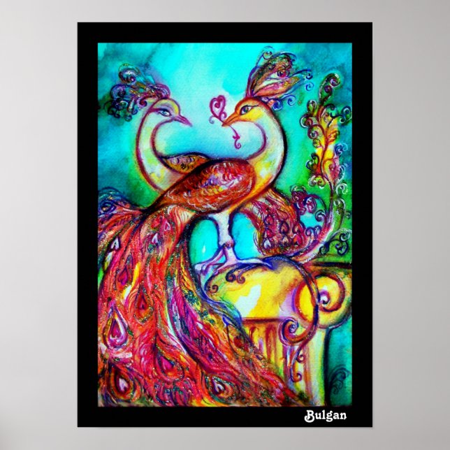 PEACOCKS IN LOVE, Red Yellow Turquoise Blue Poster (Front)