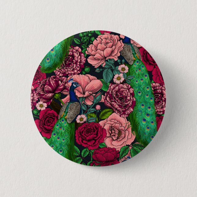 Peacocks in the rose garden 2 6 cm round badge (Front)
