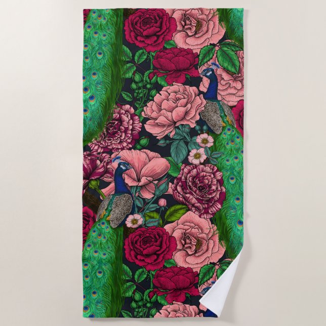 Peacocks in the rose garden 2 beach towel (Front)