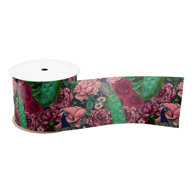 Peacocks in the rose garden 2 satin ribbon (Spool)