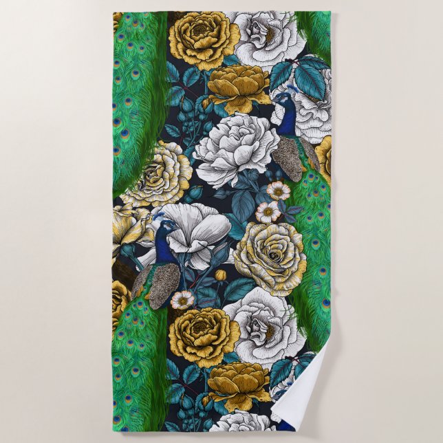 Peacocks in the rose garden 3 beach towel (Front)