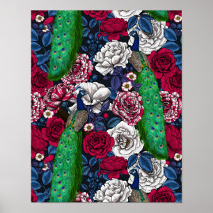 Peacocks in the rose garden poster
