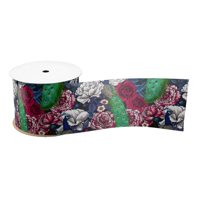 Peacocks in the rose garden satin ribbon (Spool)