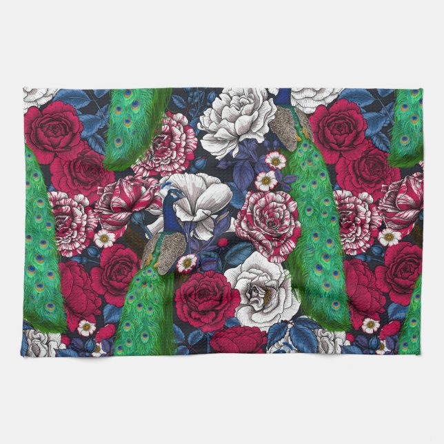 Peacocks in the rose garden tea towel (Horizontal)