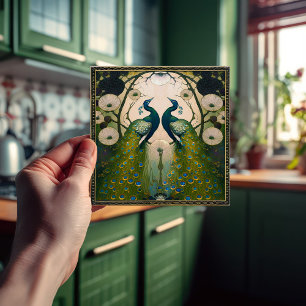 Peacocks Klimt Green Wall Decor Art Nouveau Tile
